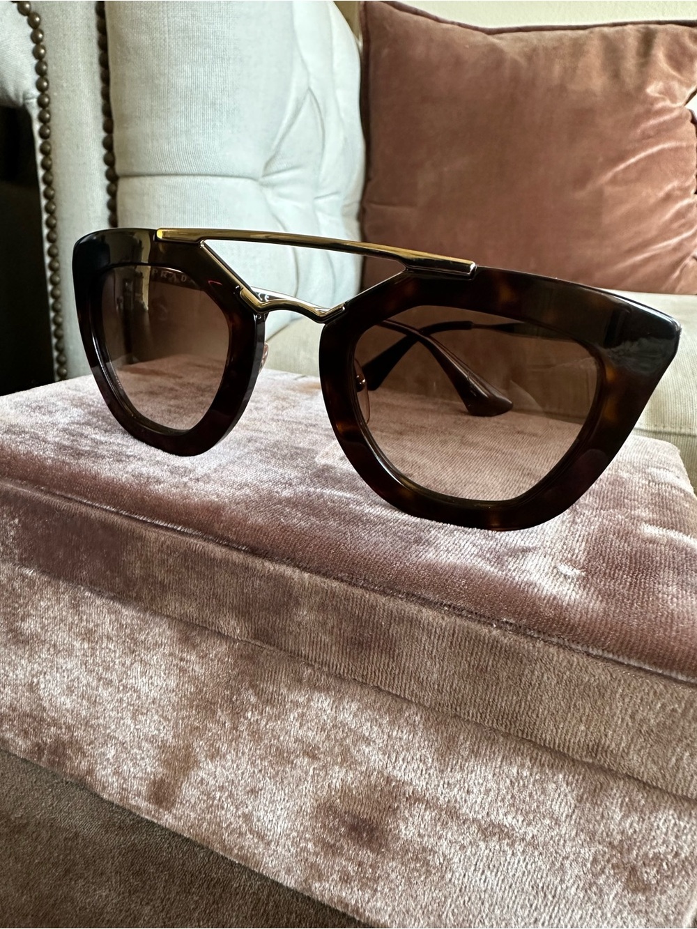 Prada Tortoiseshell Cat-Eye Sunglasses with Gold Bridge